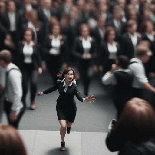 AI generated: A woman walking quickly, breaking through the crowd , camera angle looking from top left