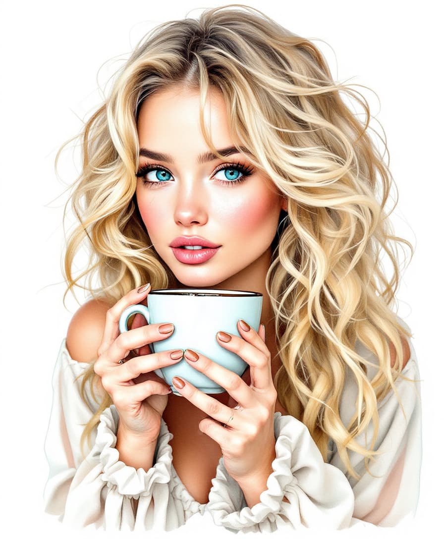 AI generated: portrait of a girl drinking coffee, blonde hair with curls, girl in an expressive pose, realistic, f...