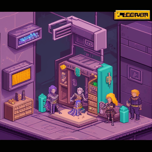 AI generated: secret jeweler workshop, style of cyberpunk egerunners, pixel art up to down