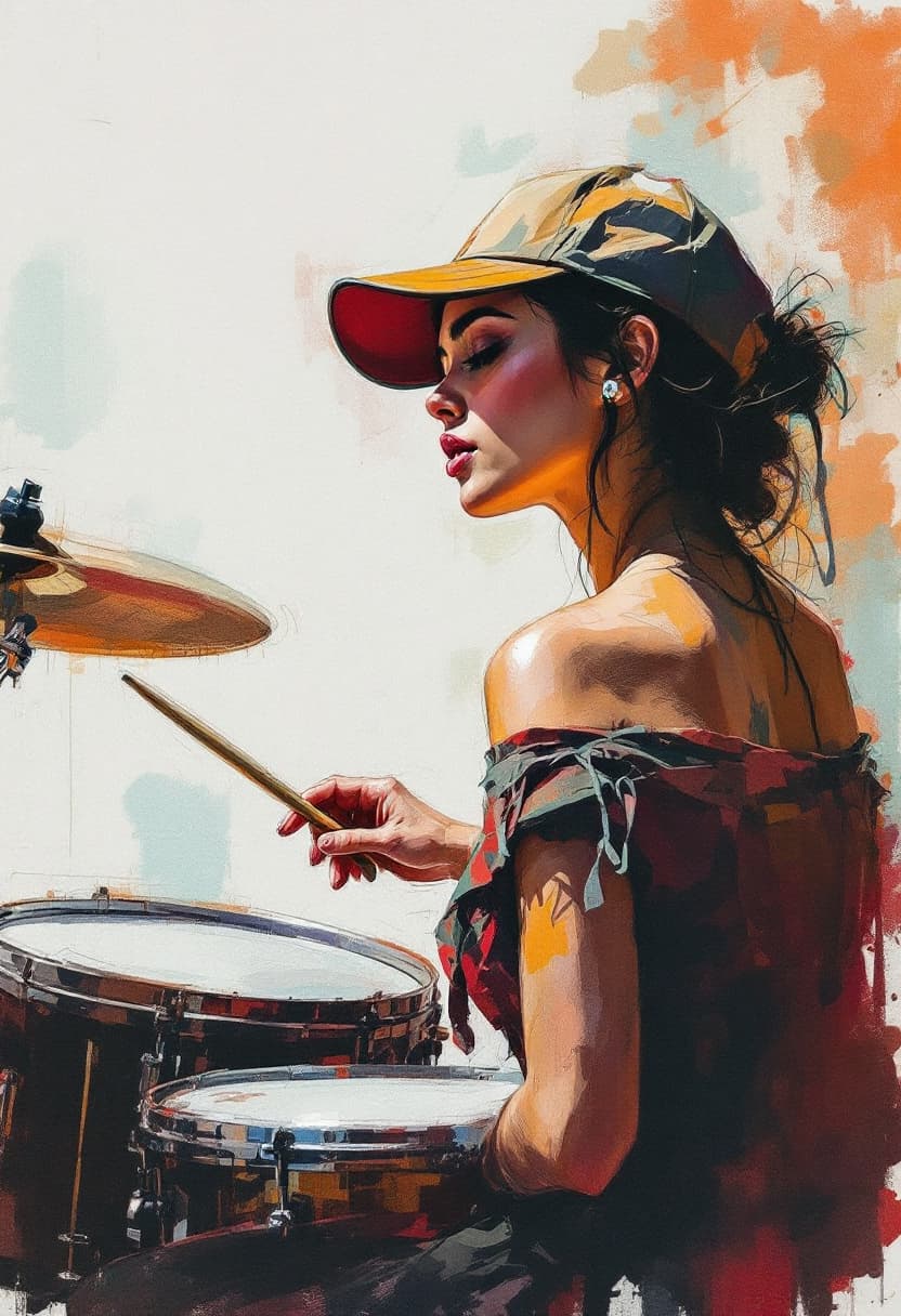 AI generated: Sketch Art, Beautiful Colored Pencil Line, Artistic Brush Strokes, Beautiful, Woman in Cap Playing D...