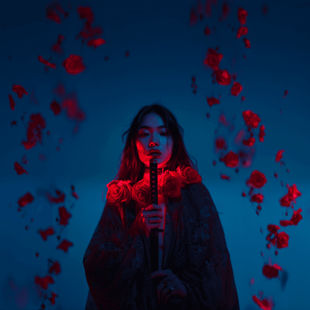 AI generated: Asian girl looks half-front, long wavy hair, neon red light, detailed red roses wrap around neck, sh...