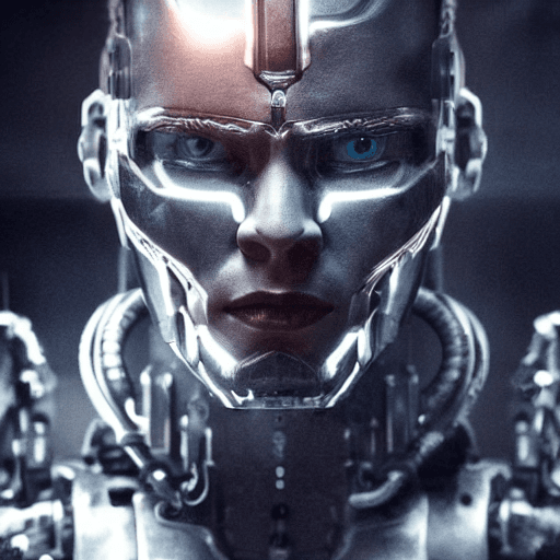 AI generated: face, half-mechanical, cyborg male warrior, looking at camera, dark lighting, sci-fi, hollywood styl...