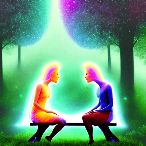 AI generated: color photo of a pair of ethereal auras KISSING , radiating love and connection, seated on a bench i...