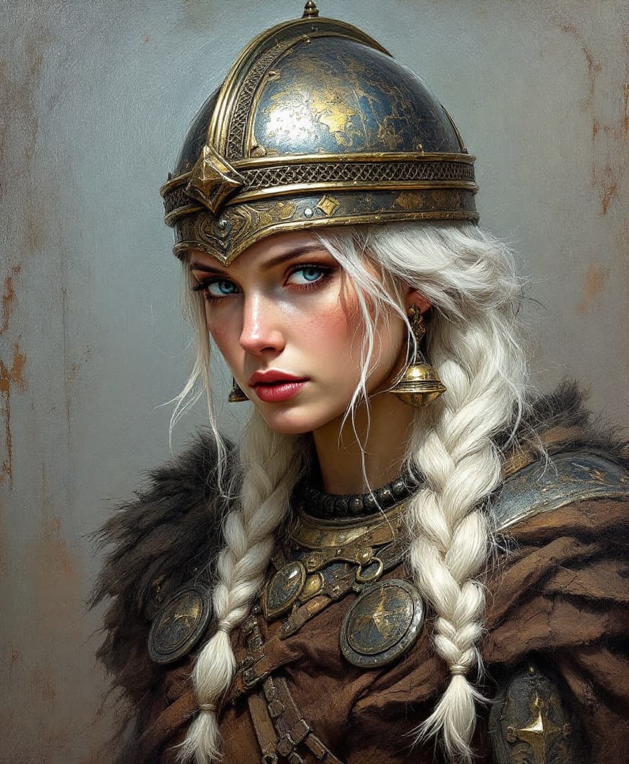 AI generated: Steady female Viking warrior with complex helmet and braided white hair, oil paint, impasto, short, ...