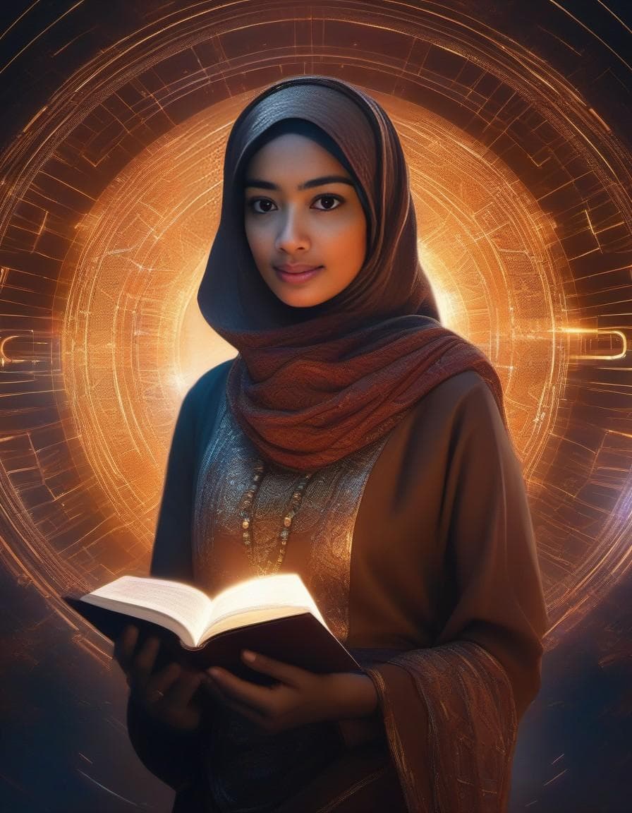 AI generated: Hijabi cute girl with cyberpunk prosthetics, with QURAN, in islamic dress, long hair, Spaceship insi...