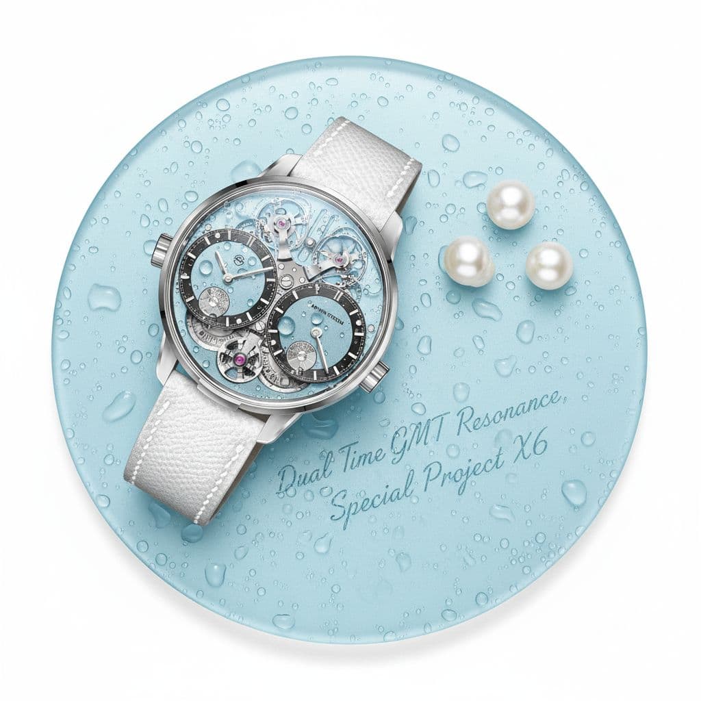 AI generated: die uhr liegt auf einer hellblauen leicht feuchten scheibe. wassertropfen auf der uhr und der scheib...