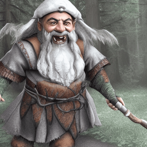 AI generated: photorealistic, full figure, smiling dwarf dressed as a necromancer with a staff in his hand, walks ...