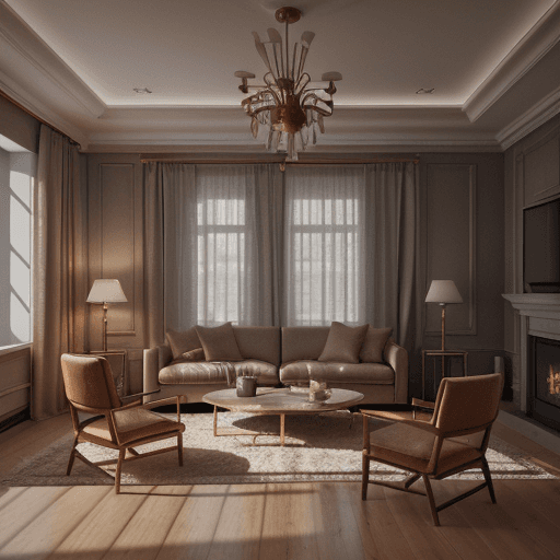 AI generated: cozy luxury future living room, 2050 design, soft smooth lighting, atmospheric, 3d blender render, r...