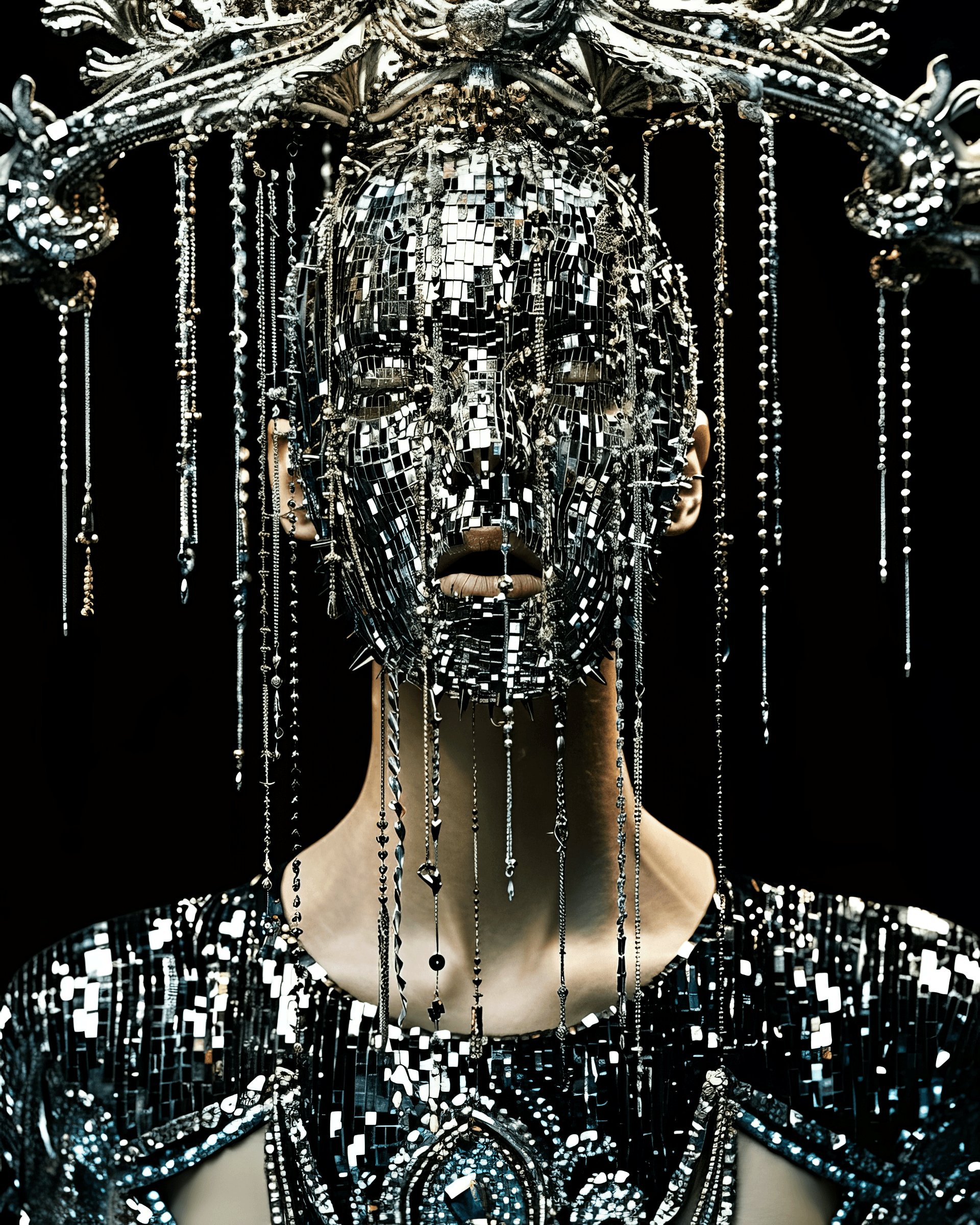 AI generated: Close up on a Caucasian model wearing an outfit made of silver and black chains, the face is covered...