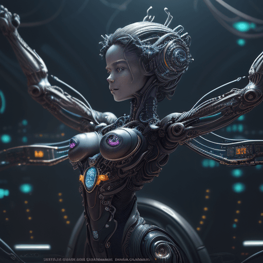 AI generated: realistic studio profile photograph closeup of a lovely mechanical fairy Black queen with her arms r...