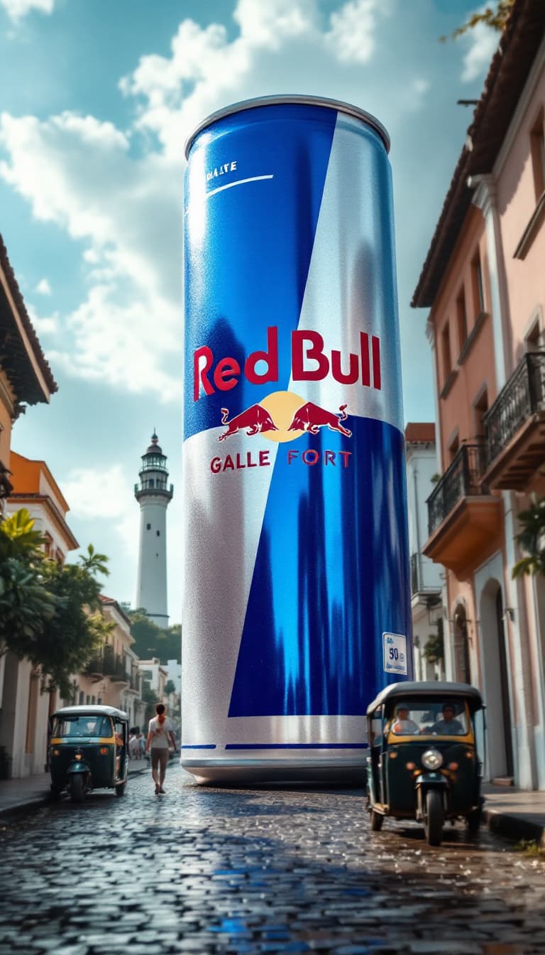 AI generated: A cinematic shot of a massive Red Bull can standing upright in the middle of Galle Fort’s iconic cob...