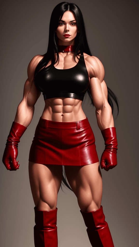 AI generated: 20 year old strong muscular woman, toned biceps, long black hair, wears red Leather skirt, red Leath...