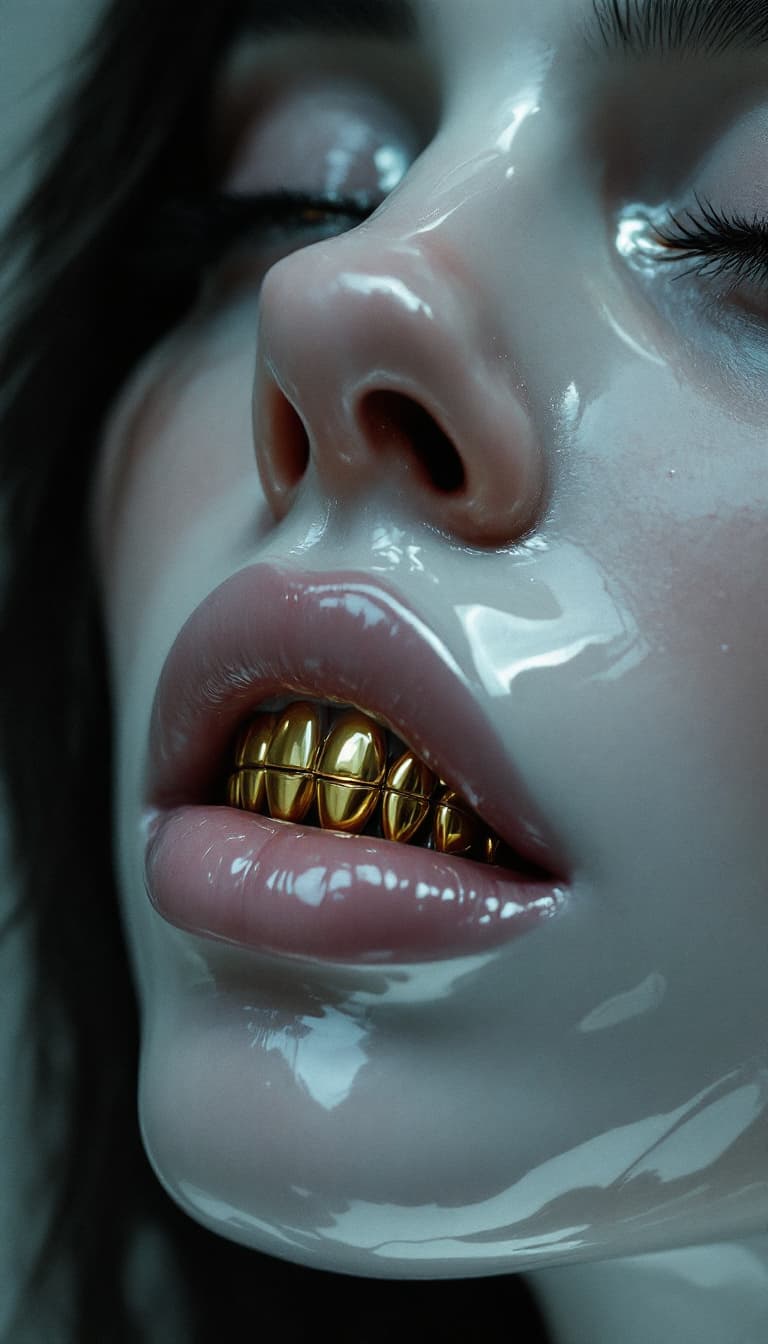 AI generated: a woman with a large jaw and gold teeth, in the style of futuristic minimalism, restrained forms, da...