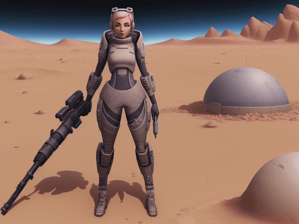 AI generated: scifi girl sims 4 on desert planet with weapon