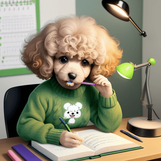AI generated: A cute little fluffy poodle puppy sitting at a desk, wearing a cozy green sweater with a cartoon des...