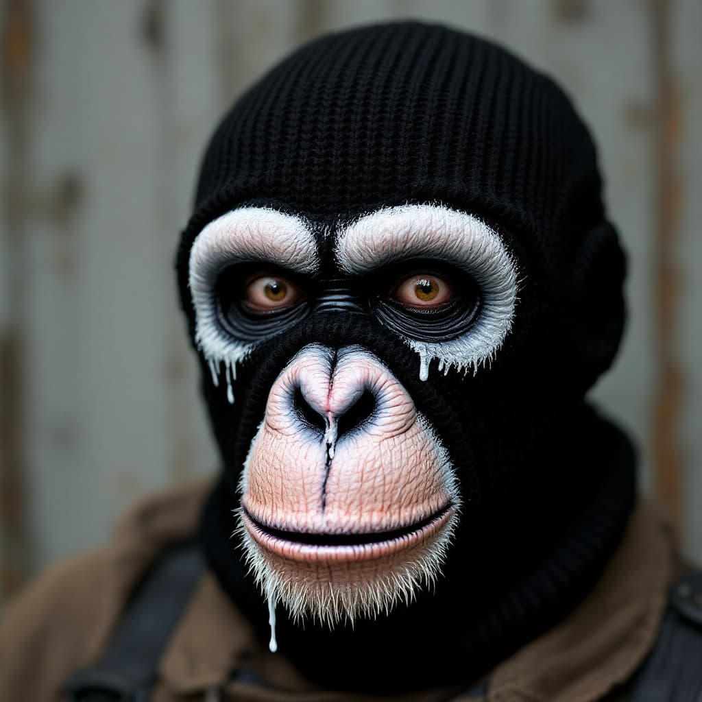 AI generated: a black ribbed knit skimask, two holes for the eyes, one hole for the mouth, painted chimpface on it...