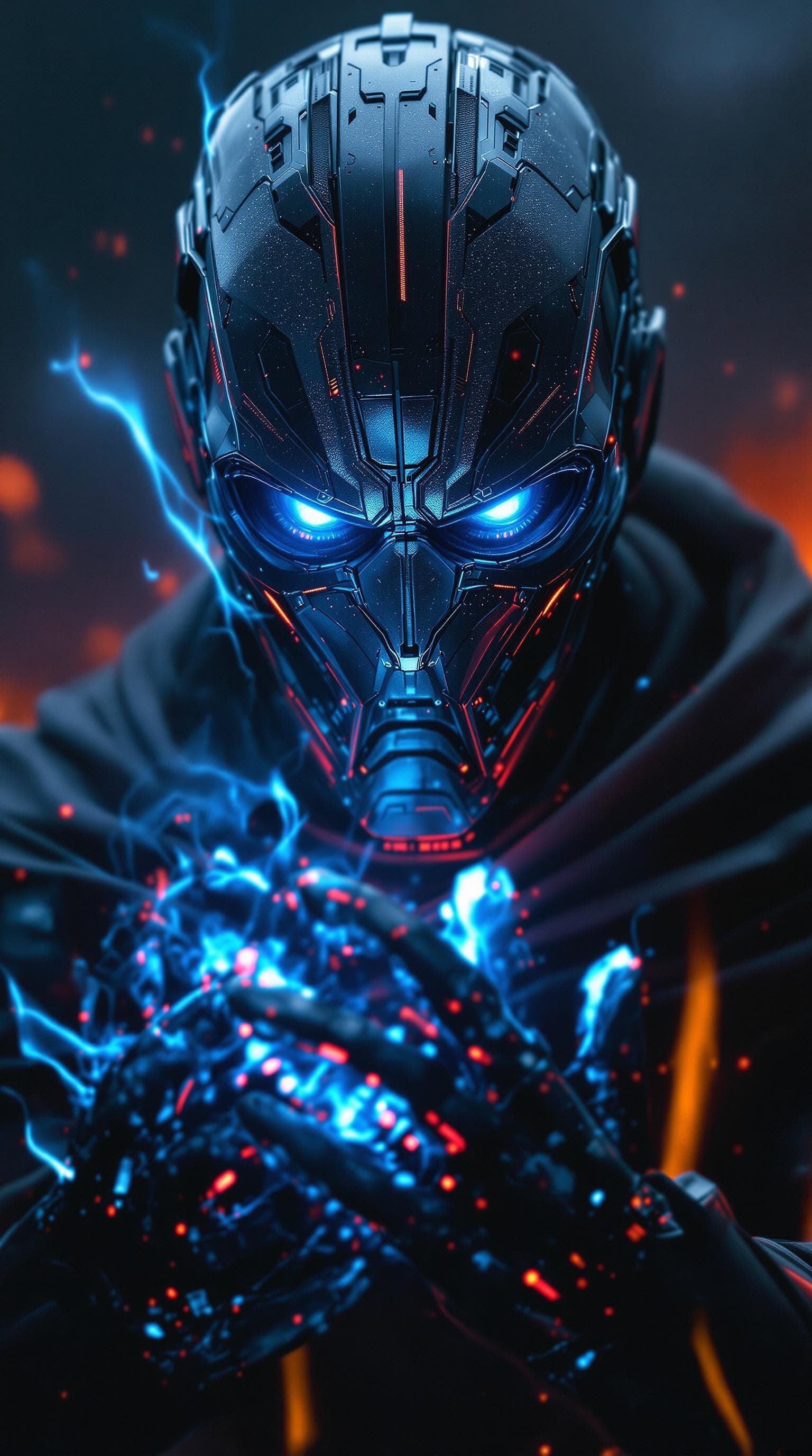 AI generated: Ultra realistic version of a cyborg Sith lord, lighting generating out of his hands. The reflection ...