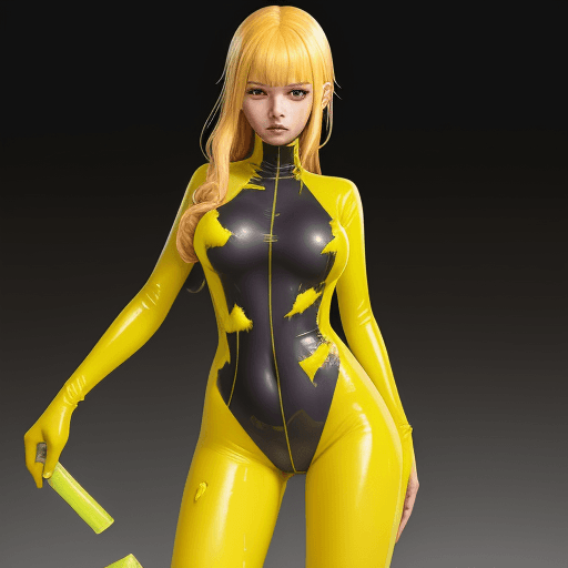 AI generated: Heroine, slime, yellow tight suit, battle torn suit