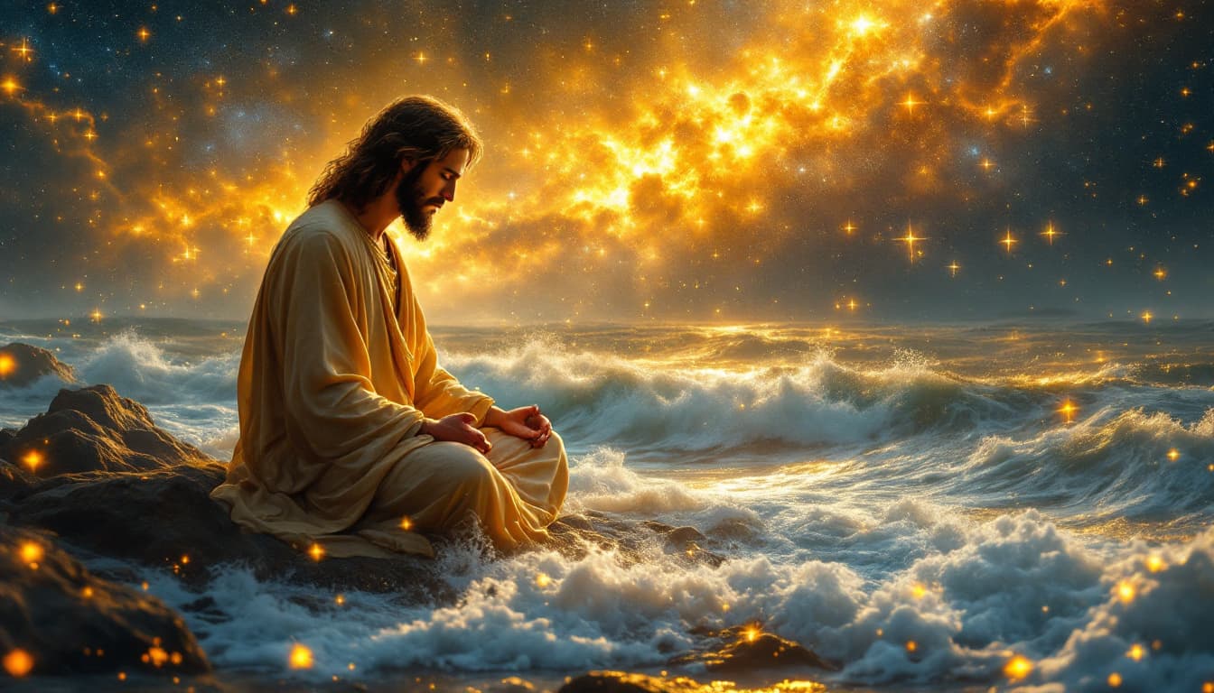AI generated: 
jesus  in golden . . sitting besideocean  is in serenity , meditation zen, , nebula in golden color...