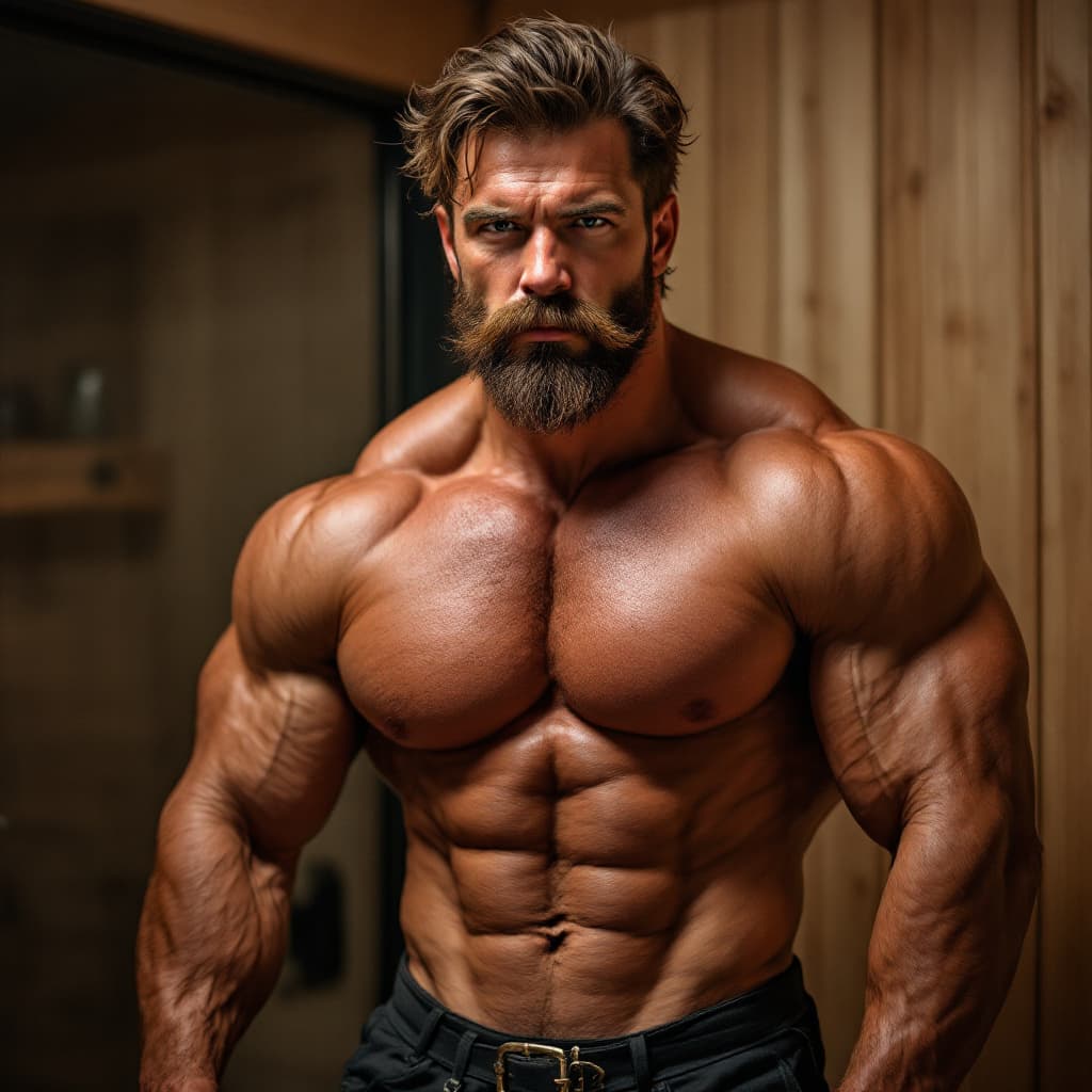 AI generated: Handsome muscular 40-year-old daddy bodybuilder with bikers mustache, hairy chest, brown hair, broad...