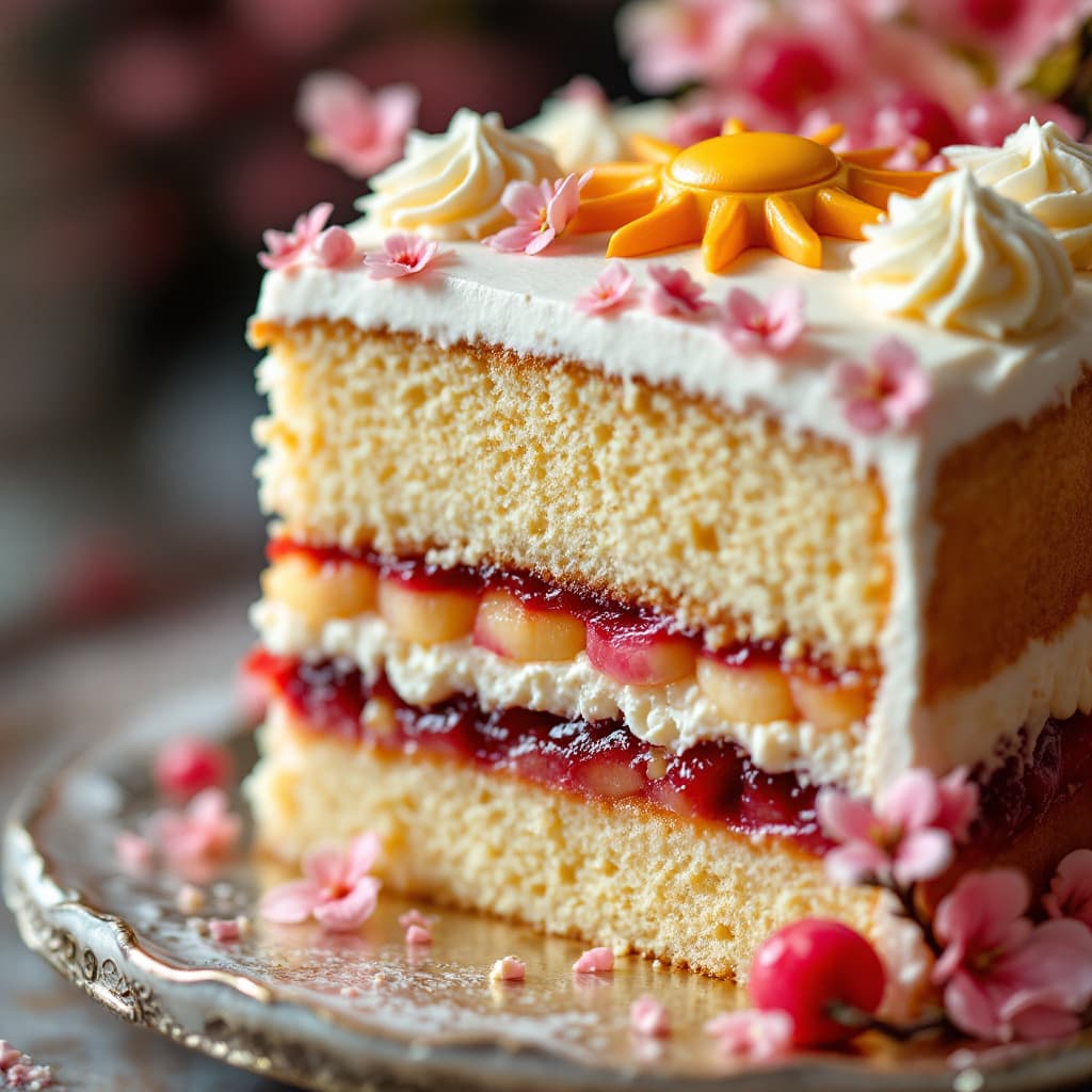 AI generated: Close up photograph of a slice of layered cake with a cherry blossom theme, a layer of fruit filling...