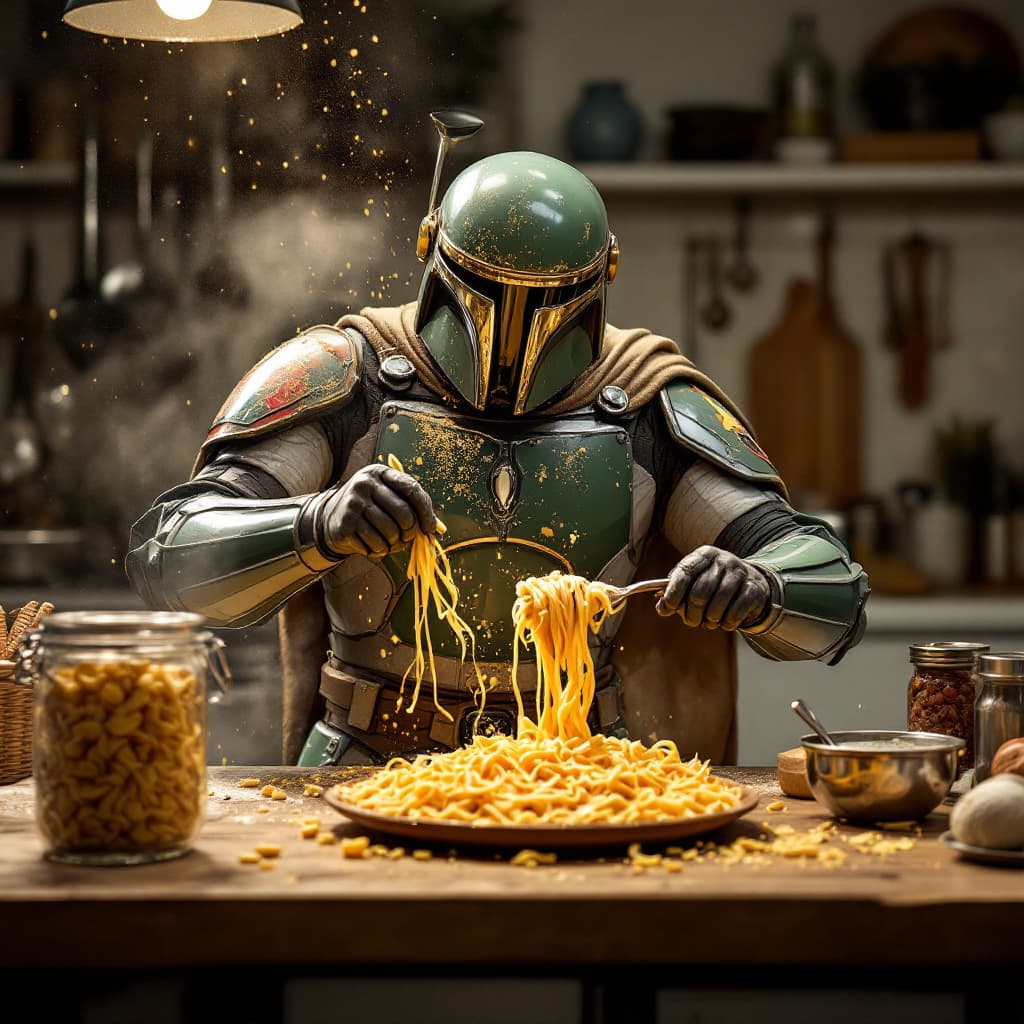 AI generated: boba fett in a kitchen eating pasta