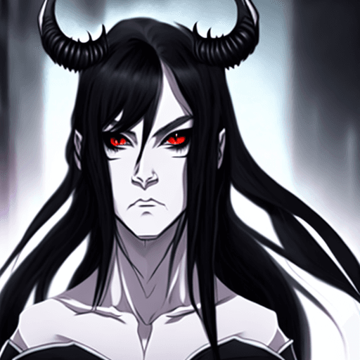 AI generated: Androgynous character, portrait, black eyes, long hair, black hair, parted hair, demon horns, white ...