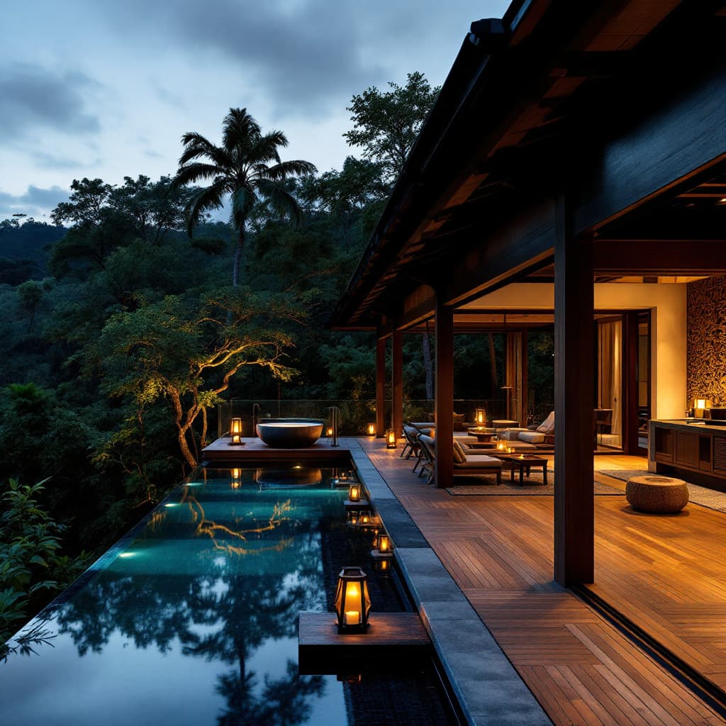 AI generated: Wide Angle Shot, twilight at a luxury resort's outdoor hotel hall overlooking the lush tropical jung...