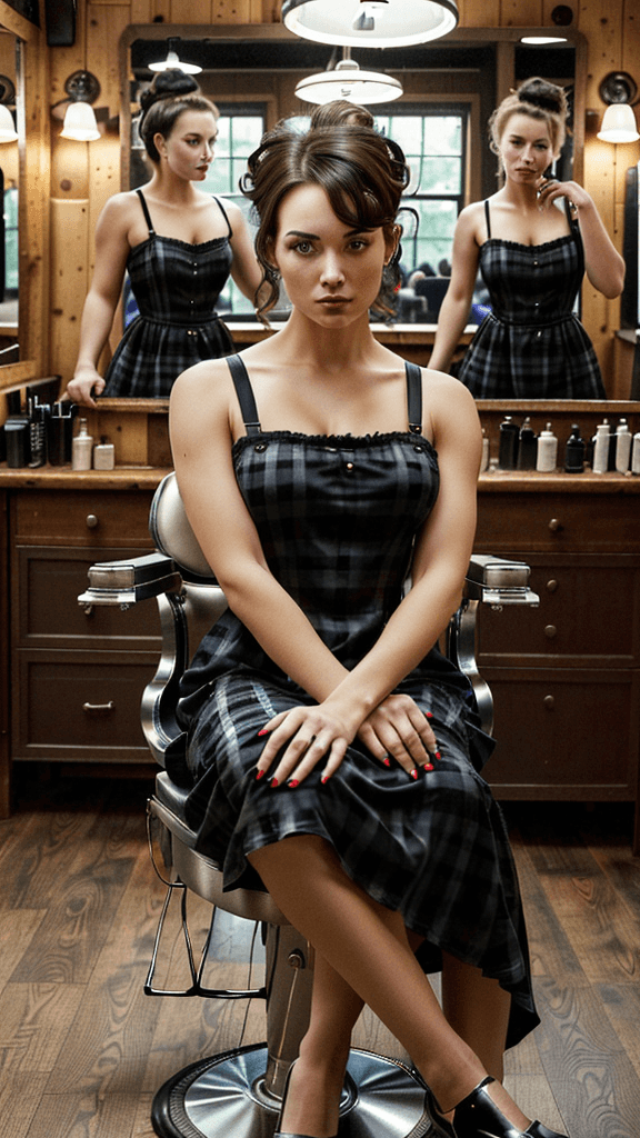 AI generated: 
A highly attractive woman, she  is sitting on a barbershop chair. She is wearing an black night dre...