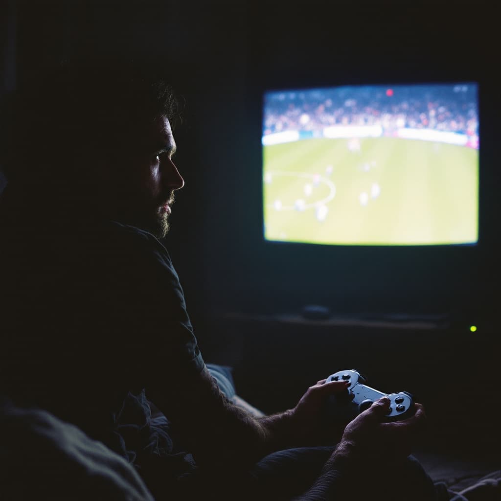AI generated: Grungy analog photo of Luis Figo circa 2000 playing Fifa 2000 on Playstation 1 on a 90s CRT TV in a ...