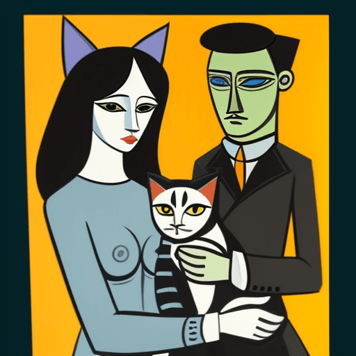 AI generated: Picasso style illustration of a man and woman with their cat