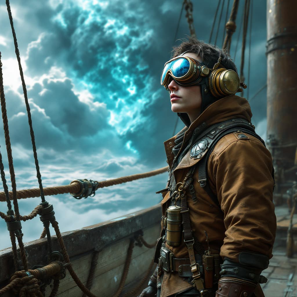 AI generated: 46.	character: steampunk aviator standing on airship deck, goggles reflecting distant storm --v 7 --...