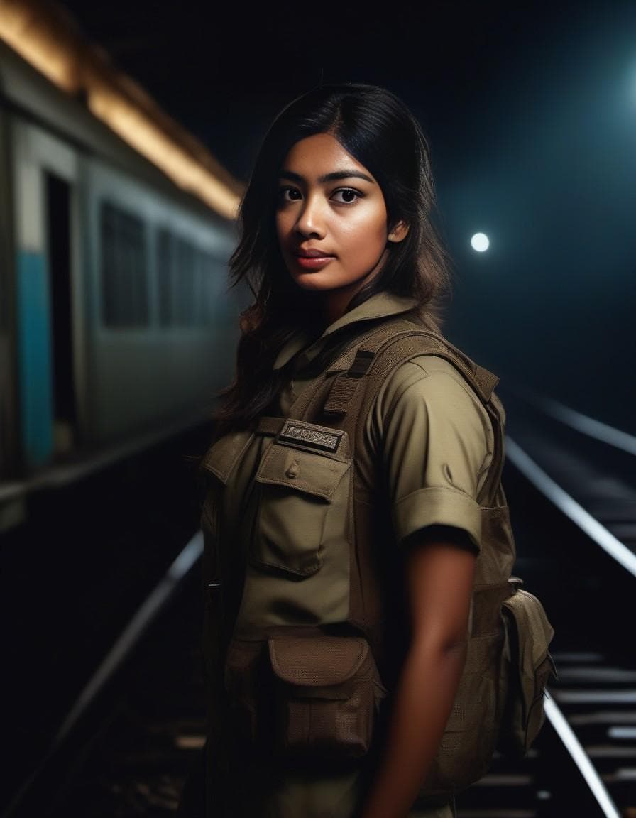AI generated: A Indian army student waiting for train on abandoned railway station at dark night, horror, morbide,...