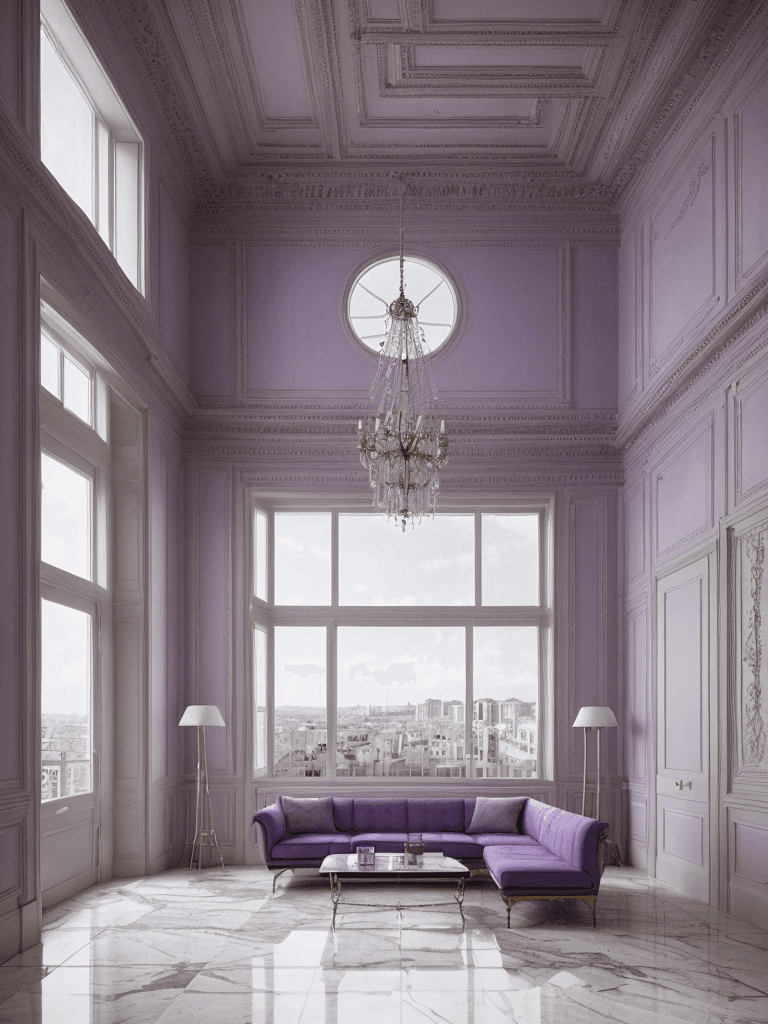 AI generated: High resolution photography interior design, badroom, marble floor, windows opening onto the city, m...