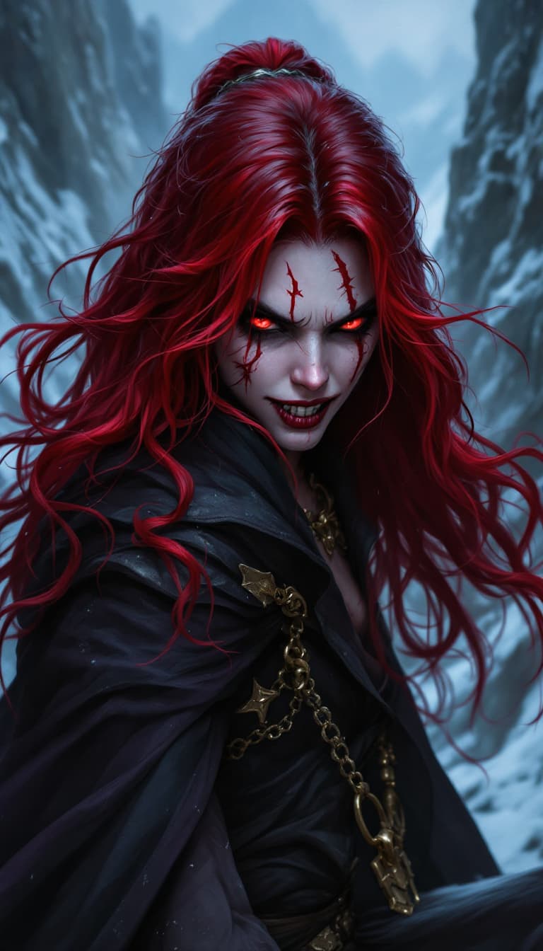 AI generated: Full body, Fantasy illustration of a evil female witch, in her thirties,red hair with a white streak...