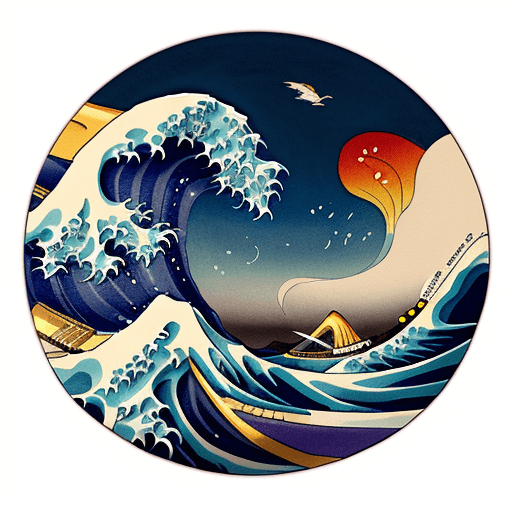 AI generated: Create a vibrant illustration inspired by Hokusai's "The Great Wave off Kanagawa," but with a colorf...
