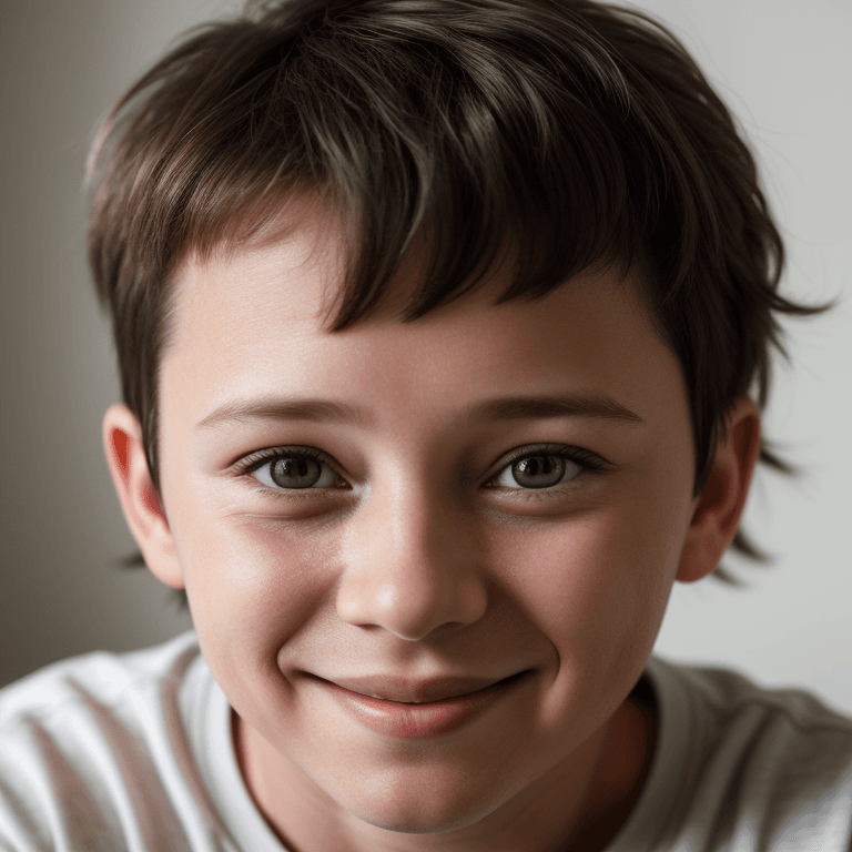 AI generated: hyper realistic headshot photo of a 40 year old (woman: young boy: 0.5), looking into the camera, sm...