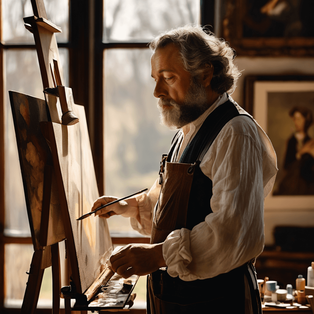 AI generated: A masterful 45-year-old Renaissance-inspired painter, dressed in period attire, stands before an eas...