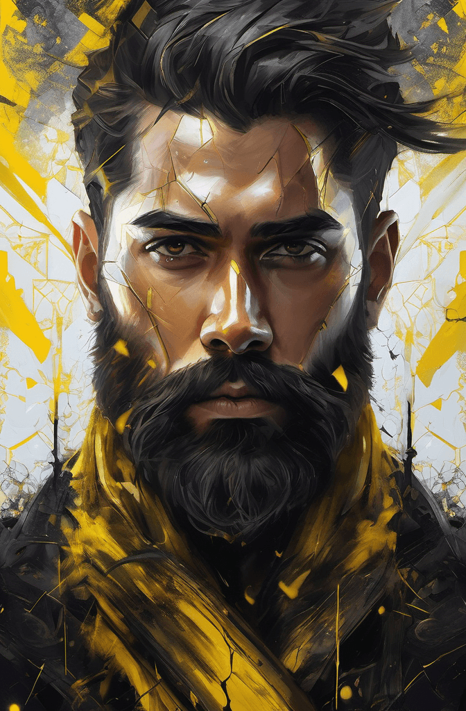 AI generated: epic digital portrait of a bearded man, in the style of black and yellow, cracked, intricate details...