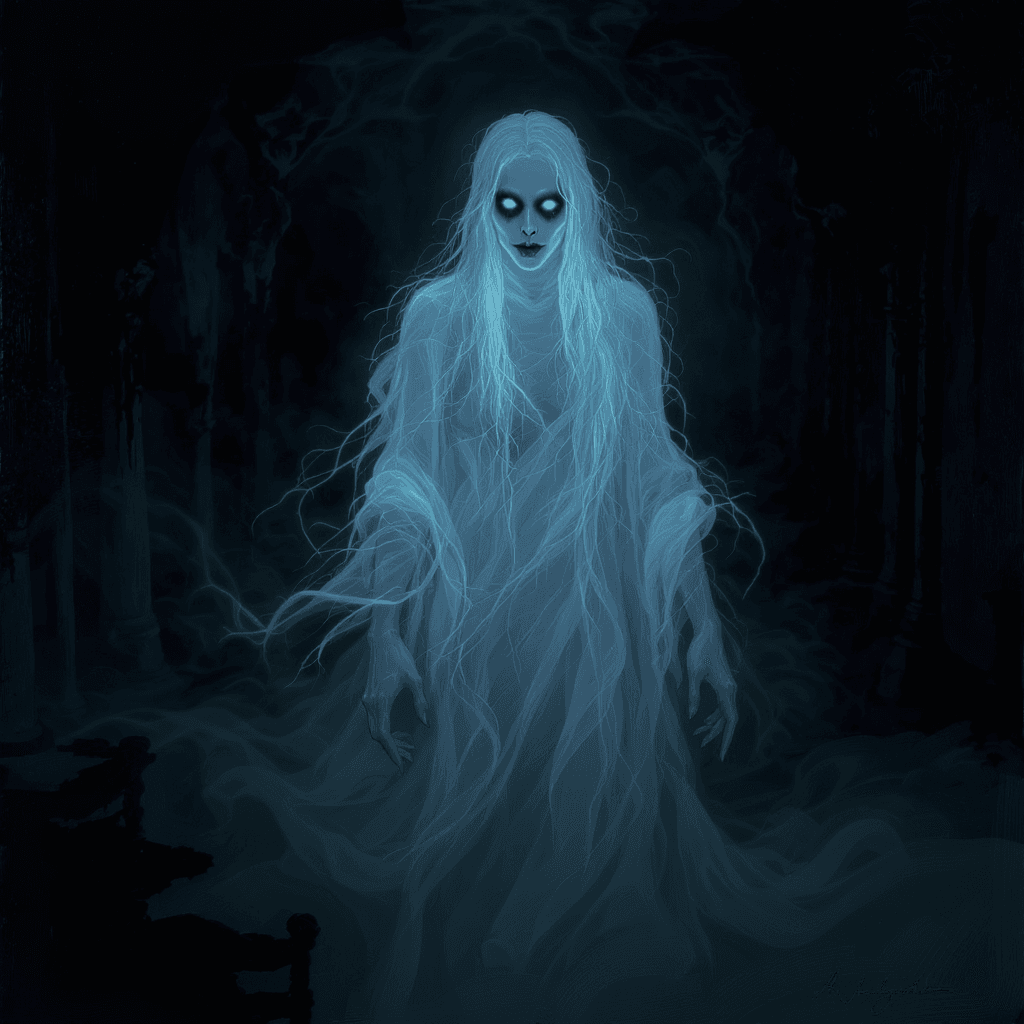 AI generated: A chillingly illuminated ghostly figure, every aspect oozes dread and mystery: pale, ethereal skin, ...
