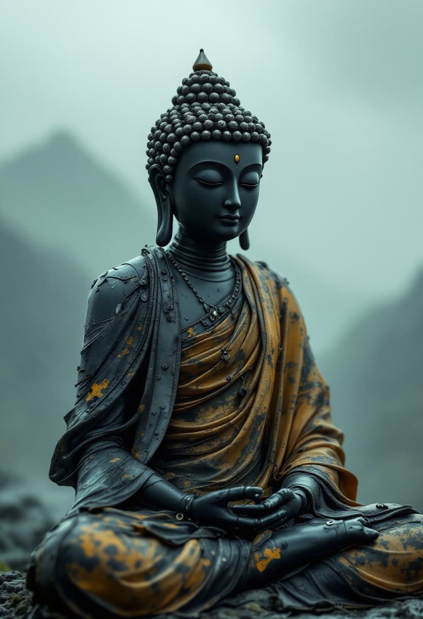 AI generated: Hyperdetailed photo, Mid Shot Photo, murderbot by matha wells, Lord Buddha, (human:robot:0.2), opaqu...