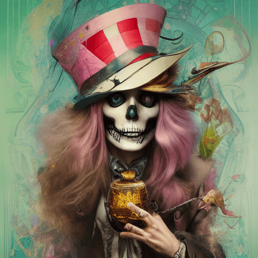 AI generated: alice in wonderland, mad hatter the magician in a tarot card, highly detailed, half skull face, cine...
