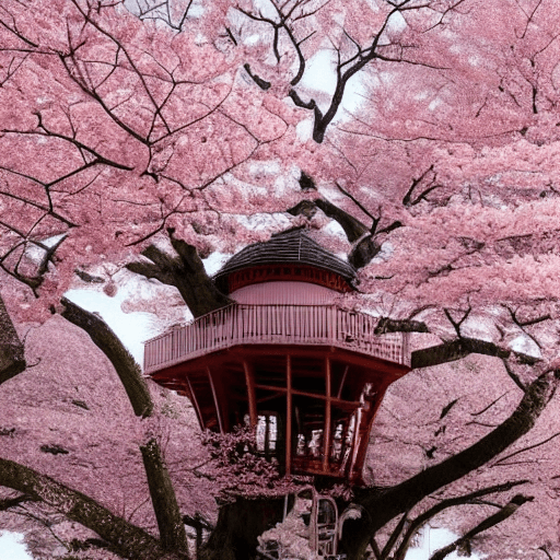 AI generated: THE CHERRY BLOSSOM TREE HOUSE :: beautiful ornate treehouse in a gigantic pink cherry blossom tree :...