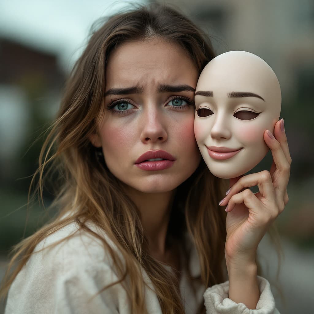 AI generated: A woman with crying and fearfull eyes , and this women hold a ball gove mask in her right hand far r...
