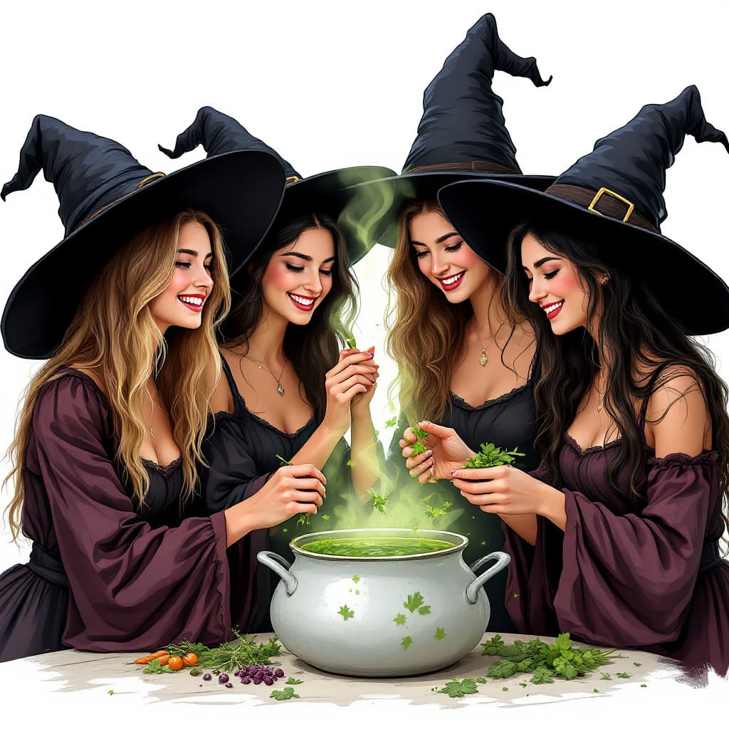 AI generated: High resolution image. Four smiling young and beautiful witches. They are making a green soup by add...