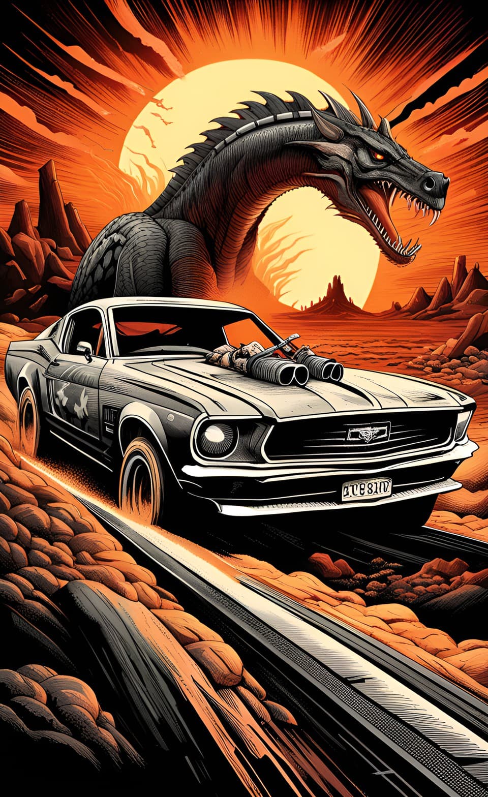 AI generated: A retro color comic style poster of a post apocalyptic dystopia, of a mustang style muscle car, extr...