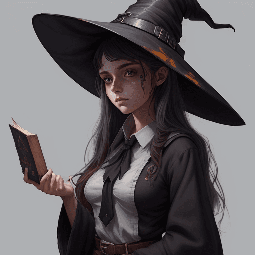 AI generated: rugged girl witch wearing a magic school uniform, large wide-brimmed witch hat, cinematic, elaborate...