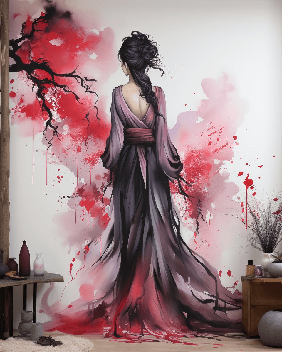 AI generated: geisha woman in ink on white matte vinyl wall sticker, in the style of anton mauve, light pink and r...