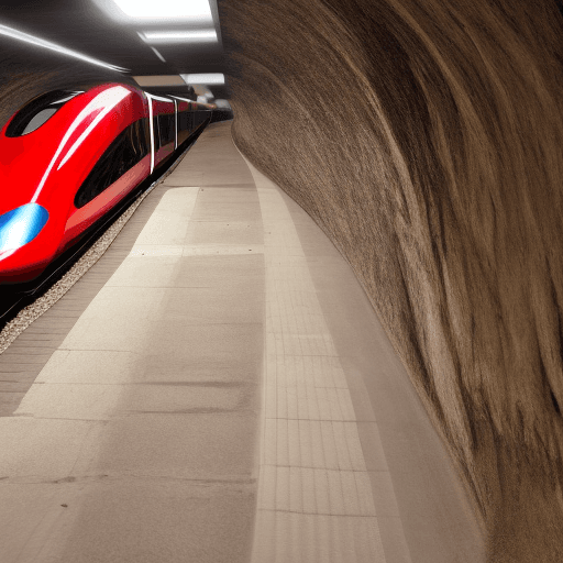 AI generated: A red, new, high tech Train coming out of a tunnel, photograph