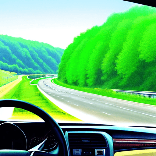 AI generated: empty motorway as seen from the drivers seat. Bright sunny day. Green countryside.
